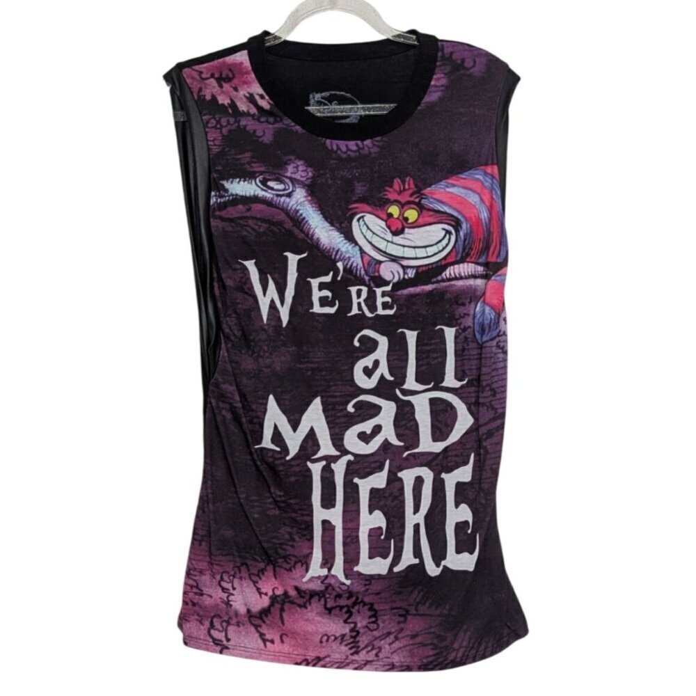 Disney We're All Mad Here Muscle Shirt Juniors Size Medium Black Cheshire Cat
